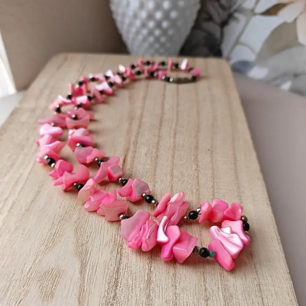 Boho hot pink dyed shell beaded necklace